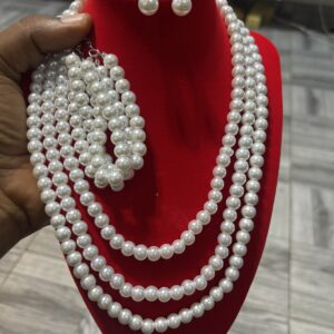 Three in one pearl necklace with earrings and bracelets
